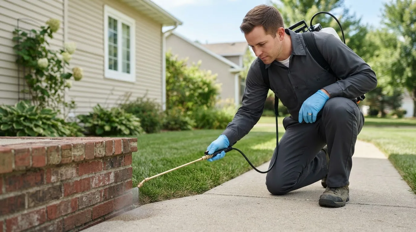 Pest control technician treating a home near Lincoln Park, MI